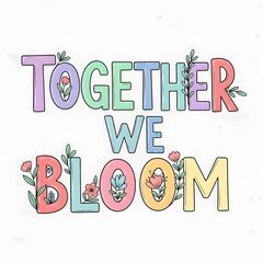 Colorful hand-drawn letters spelling out 'Together We Bloom' decorated with flowers and leaves on a white background, symbolizing growth and unity