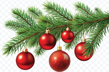 red decoration balls hanging from christmas tree branch isolated on transparent background 