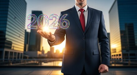 A businessman presents the year two thousand twenty six in his hand