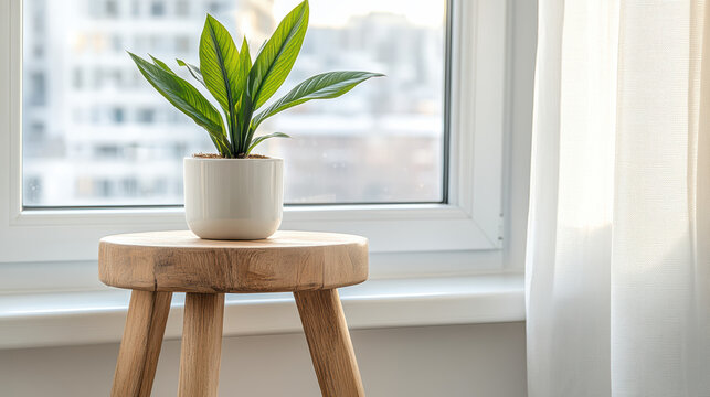 Wooden stool with potted plant beside sunny window creates serene atmosphere. natural light highlights simplicity and elegance of scene