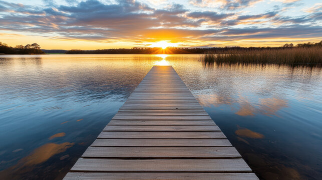 Wooden dock extends into tranquil lake at sunset, with vibrant orange skies reflecting on still water, creating serene and peaceful atmosphere - Powered by Adobe