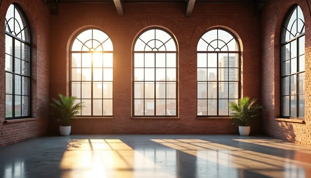Spacious industrial loft interior with sunlight streaming through large arched windows. Brick walls reflect light. Modern apartment design featuring urban city view and potted plants.