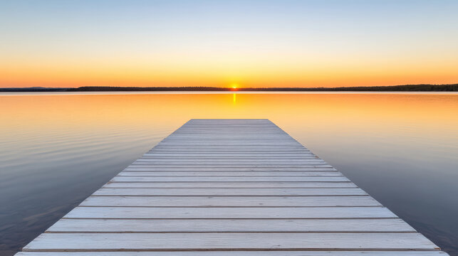 Wooden dock extends into tranquil lake at sunset, with vibrant orange skies reflecting on still water, creating serene and peaceful atmosphere
