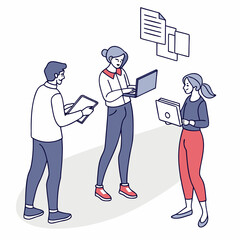 A diverse group of colleagues are working together on a project, using laptops and tablets to share ideas and collaborate