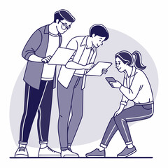 A team of young professionals are collaborating on a project, using tablets and laptops to share ideas and work together