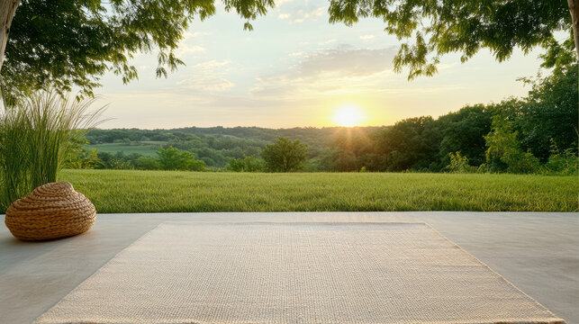 Yoga mat laid out in quiet field with serene sunrise view, surrounded by lush greenery and peaceful atmosphere