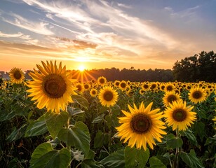 Field of sunflowers bathed in golden sunset light