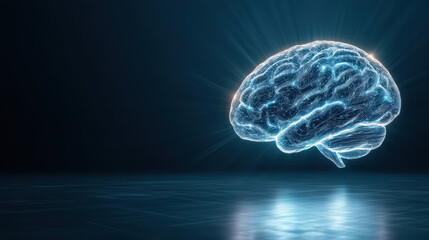 Glowing lines form brain shape on dark background, symbolizing artificial intelligence and innovation. high fidelity design evokes sense of futuristic technology