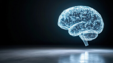 Glowing digital brain made of abstract lines floats in dark space, symbolizing artificial intelligence and innovation. high tech design evokes sense of futuristic technology