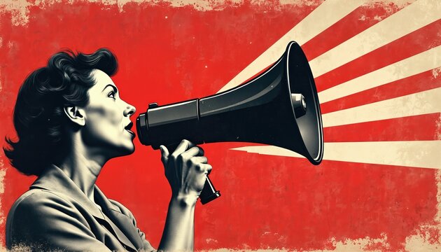 Retro poster art depicts woman with megaphone. She protests for equality using loud voice. Vintage style illustration with red background. Social justice protest theme. Graphic design element.