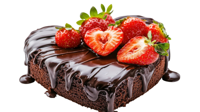 Heart shape chocolate cake topped with fresh strawberries, romantic dessert perfect for Valentine’s Day or anniversary celebration