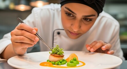 A professional chef carefully garnishes a gourmet dish with fresh herbs and vibrant vegetables in a modern kitchen setting