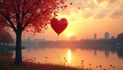Red heart-shaped balloon floats near tree with heart leaves by lake at sunset. City skyline reflects on water surface. Romantic atmosphere and gentle feelings.