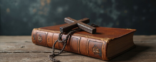Old brown Holy Bible with wooden cross lies on table. Religious symbol of faith and spirituality. Book rests near crucifix with dark background. Bible for prayer and study.