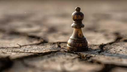 A solitary chess piece stands on cracked earth, symbolizing strategy and survival in a challenging environment.