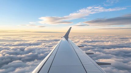 Obraz premium Airplane wing view over fluffy clouds during serene sunset, creating sense of expansion and vision. high altitude offers breathtaking perspective