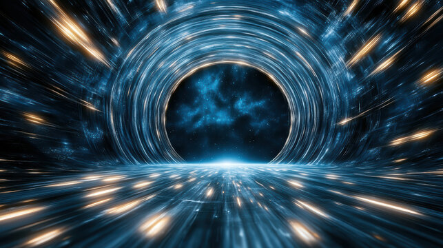 Mesmerizing abstract scene of glowing tunnel with swirling lights and cosmic background, evoking sense of futuristic exploration and wonder