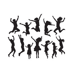 kids jumping vector silhouette clip art logo design illustration. kids enjoying icon collection