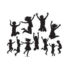 kids jumping vector silhouette clip art logo design illustration. kids enjoying icon collection