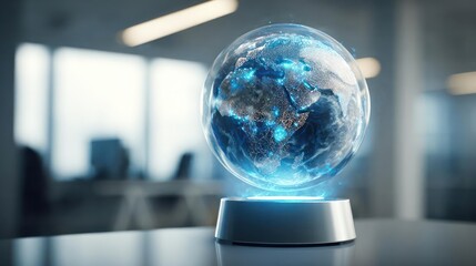 Futuristic glowing holographic earth globe floating above a modern desk in a bright office environment