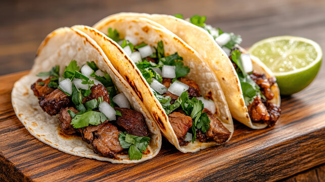 Three authentic street tacos filled with carne asada, topped with fresh cilantro and diced onions, are served on corn tortillas with lime wedge on wooden board