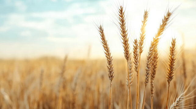 Golden wheat field under tranquil sky, bathed in warm sunlight, creating serene and cinematic atmosphere. scene evokes sense of peace and abundance