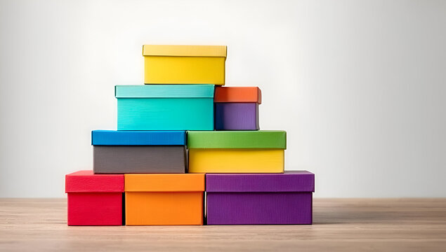 Colorful gift boxes stacked creatively on a wooden surface, perfect for celebrations and special occasions.