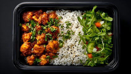 Delicious meal with spicy chicken, rice, and fresh salad, perfect for a nutritious lunch or dinner option.