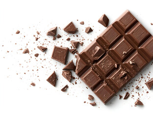 Delicious milk chocolate bar with broken pieces scattered around, perfect for sweet treats and desserts.