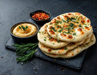 Delicious naan bread served with creamy hummus and spicy chili flakes on a dark slate plate.