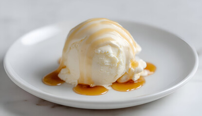 Delicious vanilla ice cream topped with rich caramel sauce, served on a white plate for a sweet dessert treat.