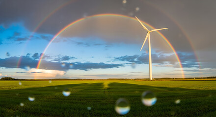 Sustainable Future: Majestic Wind Turbine Under a Double Rainbow in Green Field