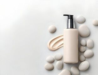 Elegant lotion bottle surrounded by smooth stones, emphasizing relaxation and self-care.