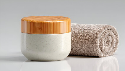Elegant skincare product in a bamboo jar accompanied by a soft, rolled towel, perfect for wellness and relaxation.
