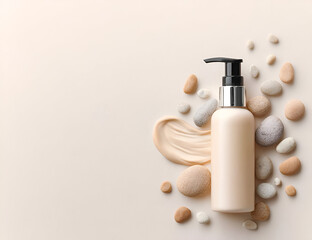 Elegant skincare product displayed with smooth cream and pebbles, perfect for beauty and wellness themes.