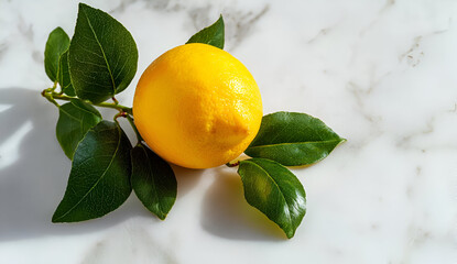 Fresh lemon with vibrant yellow color on a marble surface, showcasing its juicy texture and lush green leaves.