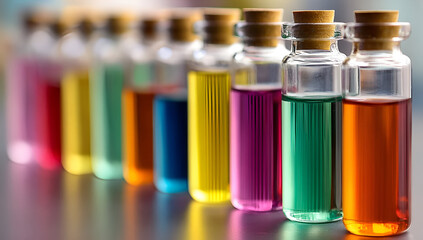Rows of colorful glass vials filled with various liquids showcasing vibrant hues for creative projects.