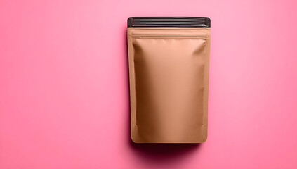 Stylish brown pouch pack on pink surface perfect for branding or food packaging mockup and design.