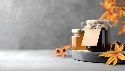 Stylish jars of honey with autumn leaves, perfect for cozy moments and seasonal recipes.
