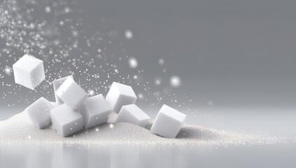 White sugar cubes falling onto a pile of sugar, creating a sweet and inviting scene for culinary inspiration.