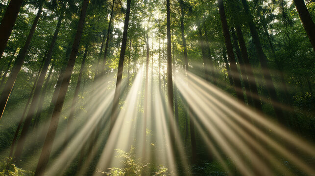 Sunlight beams through tall pine trees in serene forest, creating peaceful and tranquil atmosphere. light filters beautifully, highlighting lush greenery and casting gentle shadows