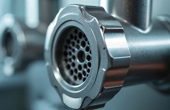 Close-up of stainless steel meat grinder with round holes, metal pipe. Industrial mixer for making minced meat. Modern food processing equipment in factory. Shiny machine with chrome details. Clean,
