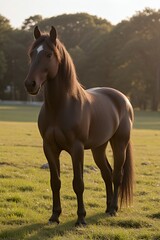 Fototapeta premium Majestic brown horse standing in a field with soft sunlight