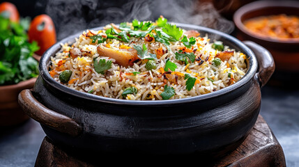 Steaming pot of biryani with vibrant vegetables and herbs, showcasing saffron and spices, creates inviting aroma. dish is garnished with fresh cilantro, adding touch of color and flavor