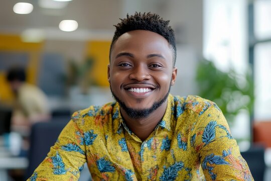 Confident businessman with a charming smile at work, exuding positivity and professionalism while managing responsibilities in a modern office space, Generative AI