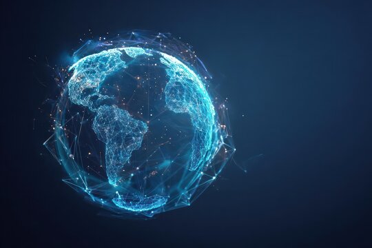 Abstract glowing blue digital earth hologram with swirling particles and light effects on a dark background