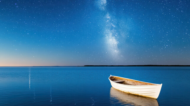 Small boat floats peacefully on calm lake under glowing Milky Way, reflecting starry night sky. serene scene evokes sense of tranquility and wonder