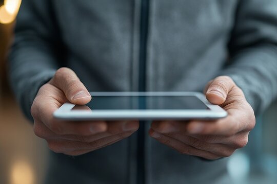Professional man using a tablet in a modern office setting, demonstrating technological proficiency and focus while managing tasks and information with ease and efficiency, Generative AI