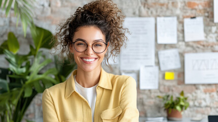 Smiling woman with curly hair and glasses stands confidently in modern office with plants and notes on brick wall, exuding professional and approachable vibe