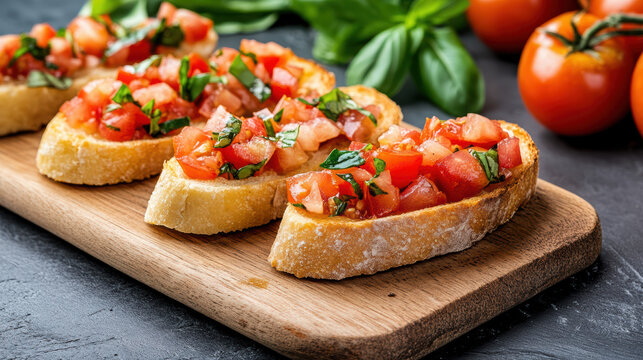 Fresh bruschetta topped with diced tomatoes, basil, and garlic on crunchy bread, served on wooden board. Juicy tomatoes and vibrant basil add burst of flavor